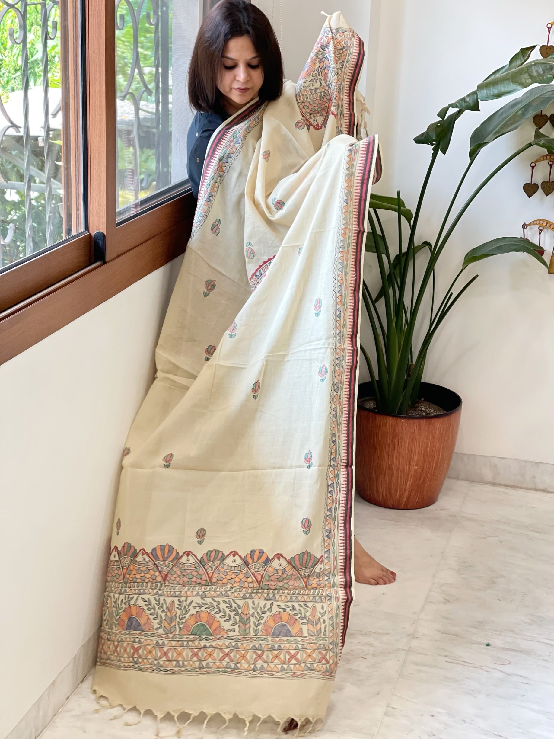 Beige Handpainted Madhubani Dupatta in Pure Cotton - Masakalee