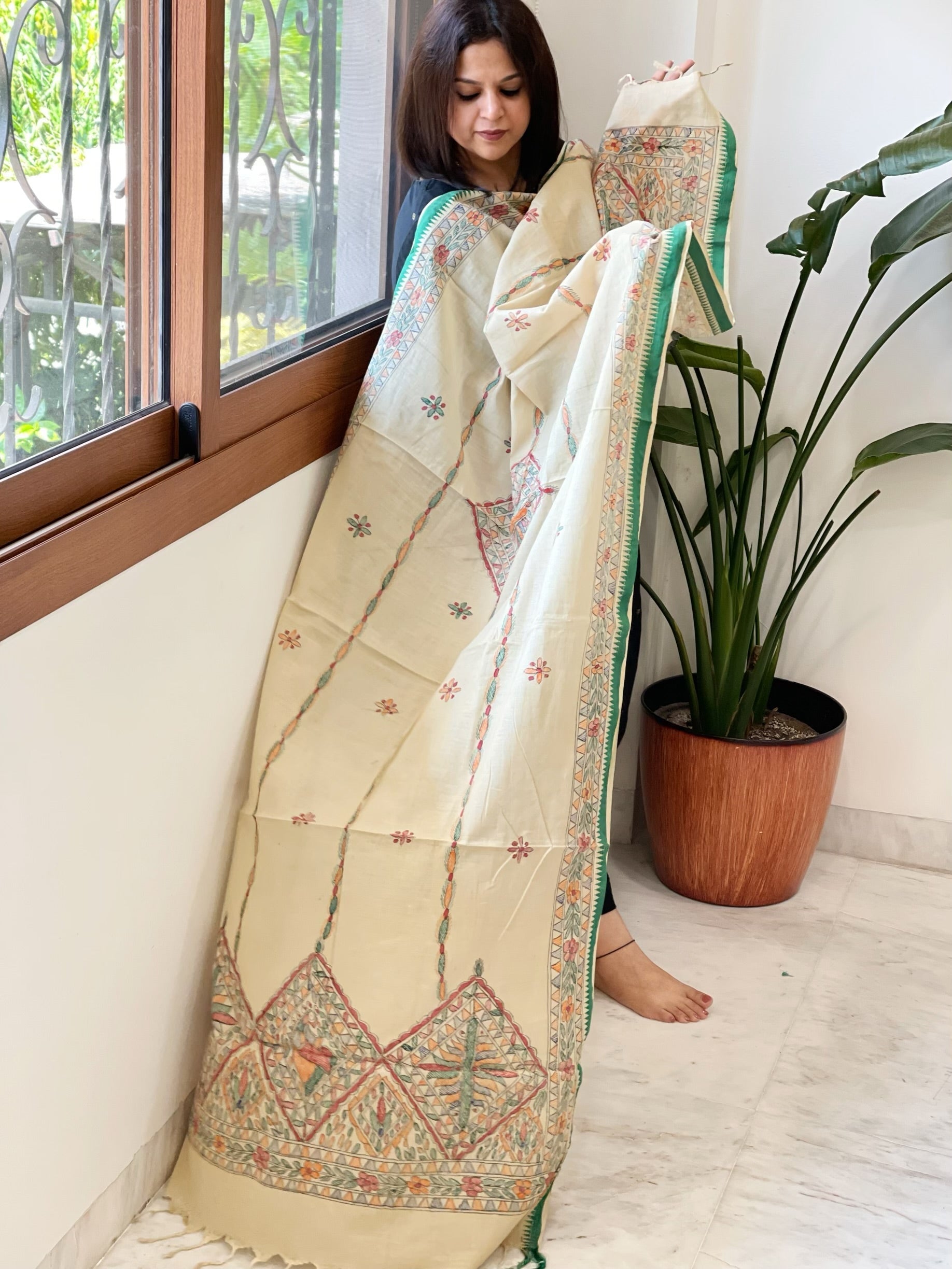 Beige Handpainted Madhubani Dupatta in Pure Cotton - Masakalee