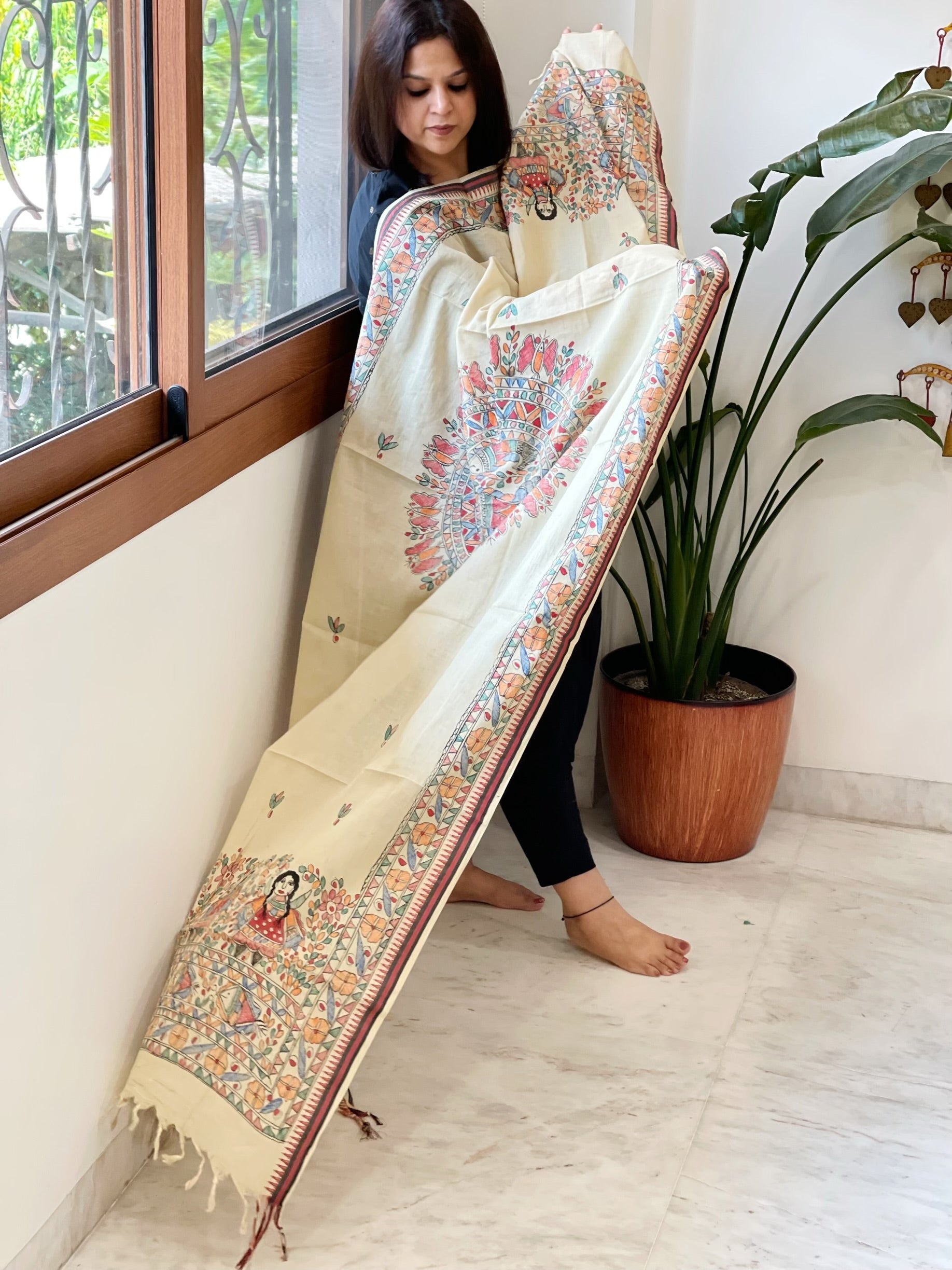 Beige Handpainted Madhubani Dupatta in Pure Cotton - Masakalee