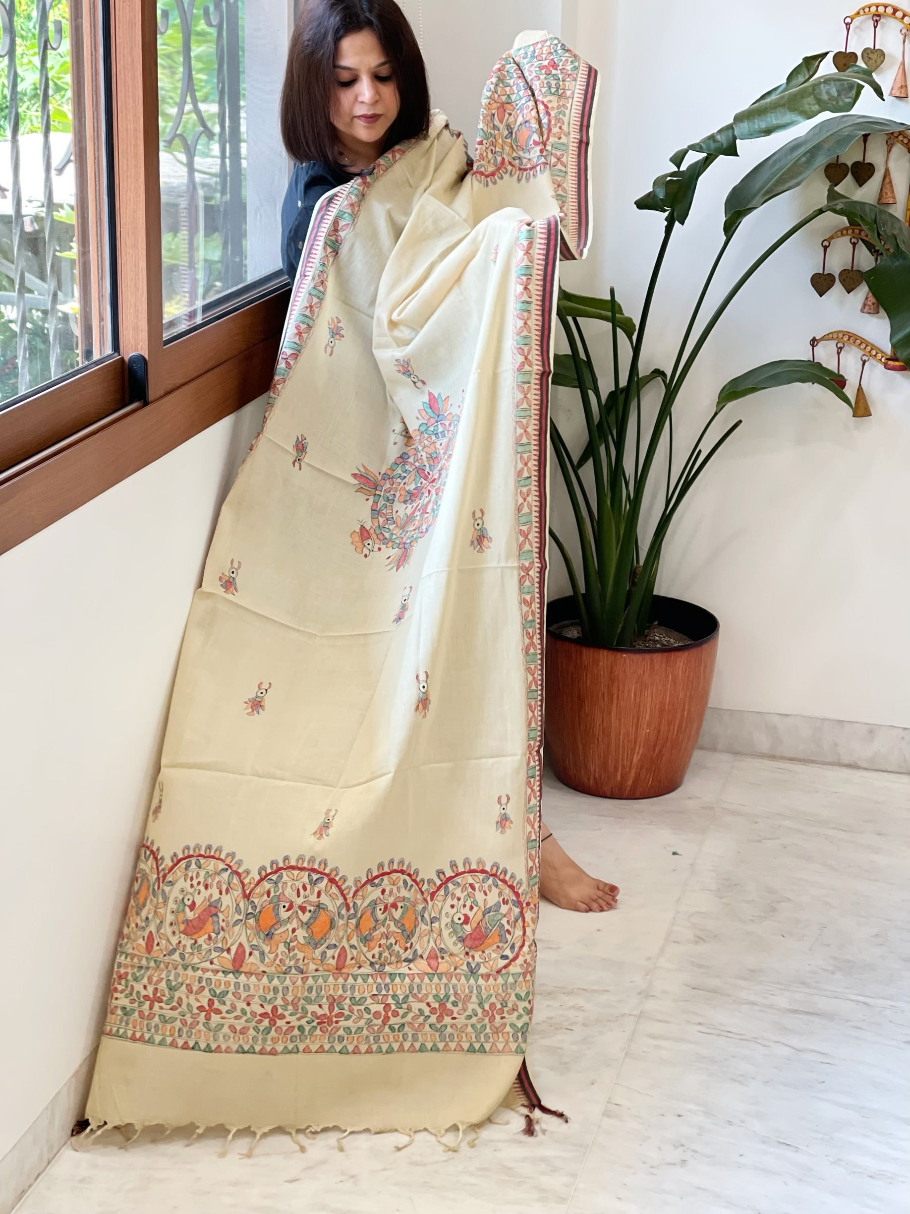 Beige Handpainted Madhubani Dupatta in Pure Cotton - Masakalee