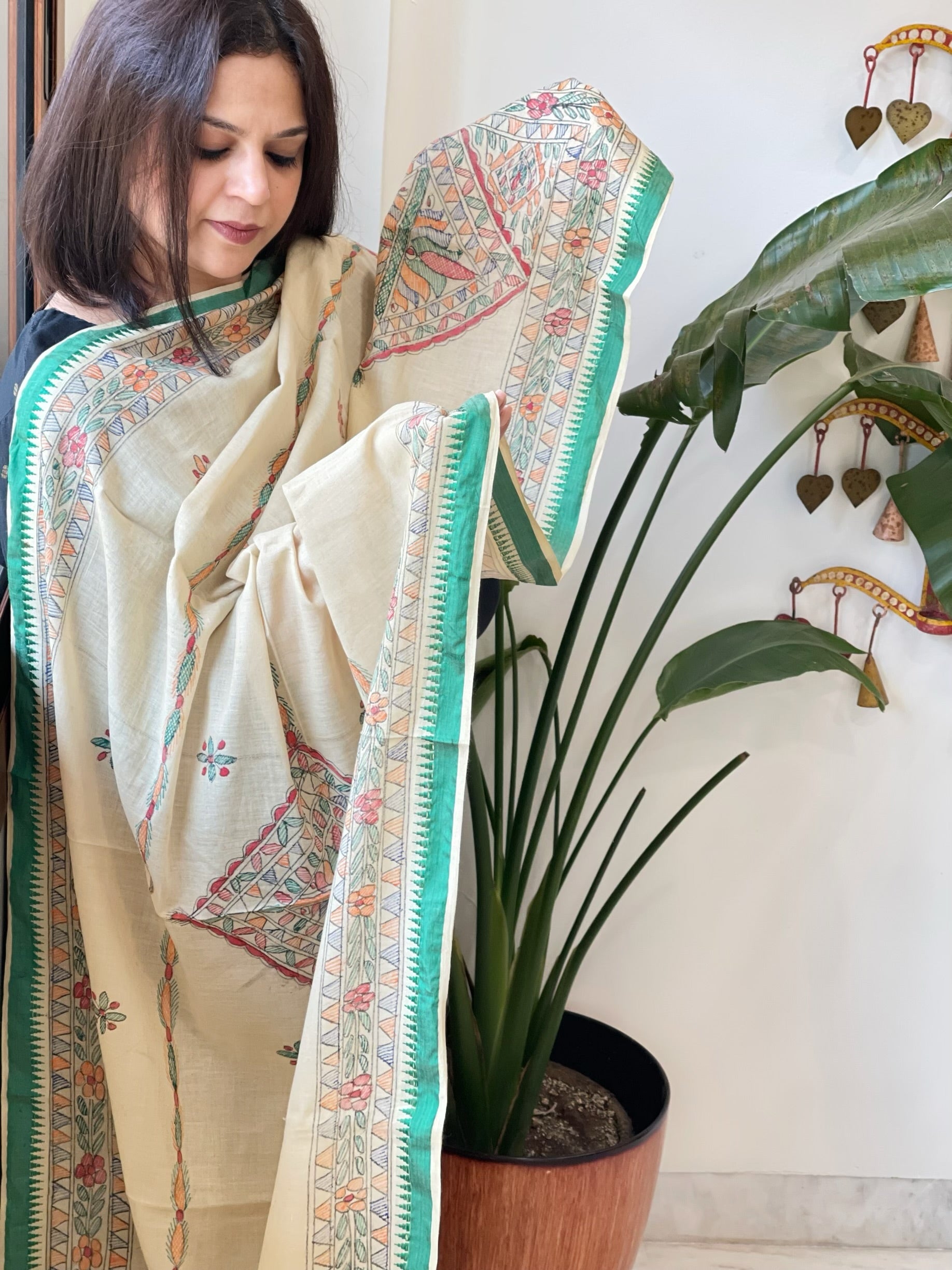 Beige Handpainted Madhubani Dupatta in Pure Cotton - Masakalee