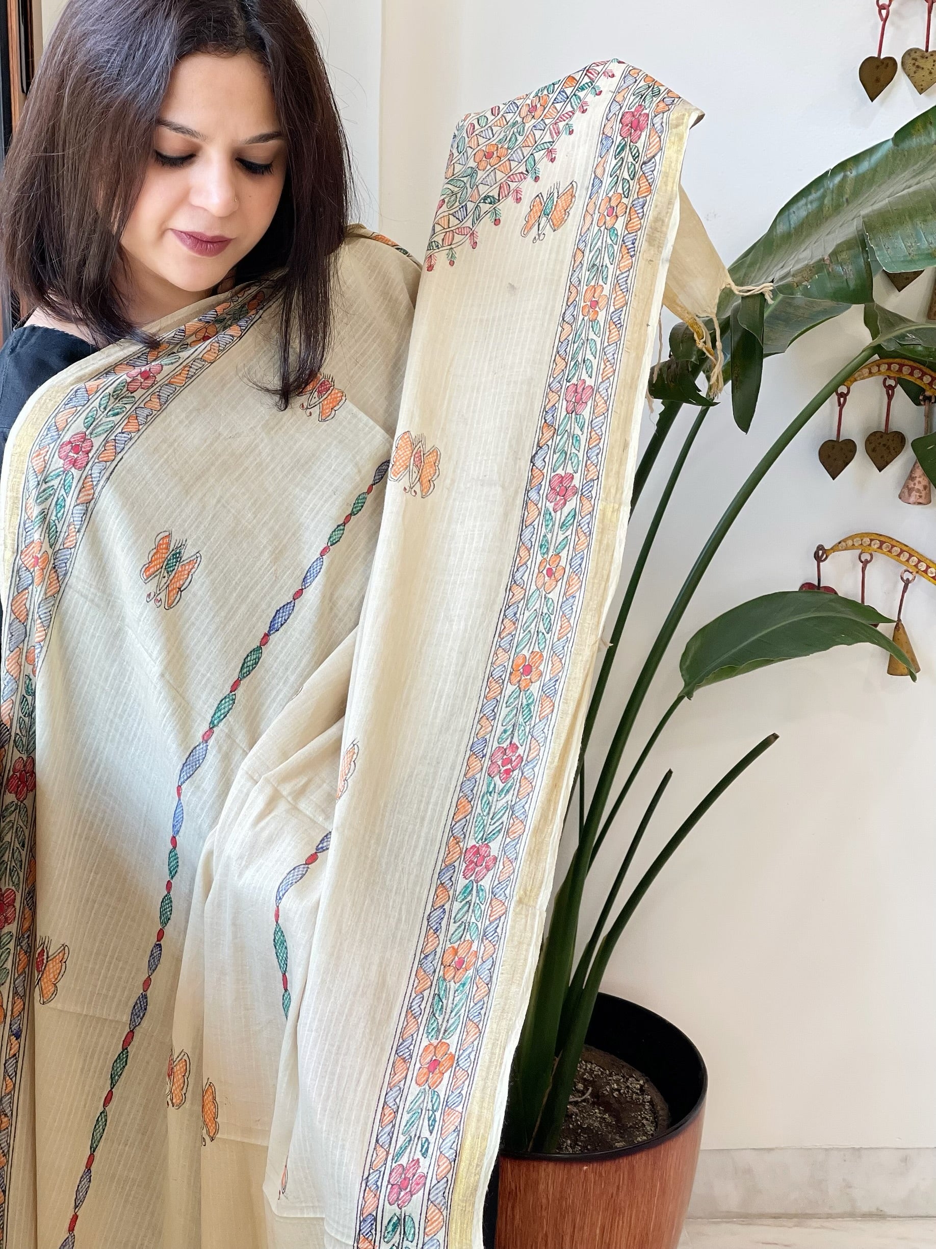 Beige Handpainted Madhubani Dupatta in Pure Cotton - Masakalee