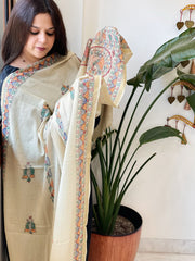 Beige Handpainted Madhubani Dupatta in Pure Cotton - Masakalee