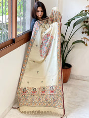 Beige Handpainted Madhubani Dupatta in Pure Cotton - Masakalee
