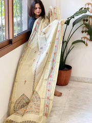 Beige Handpainted Madhubani Dupatta in Pure Cotton - Masakalee