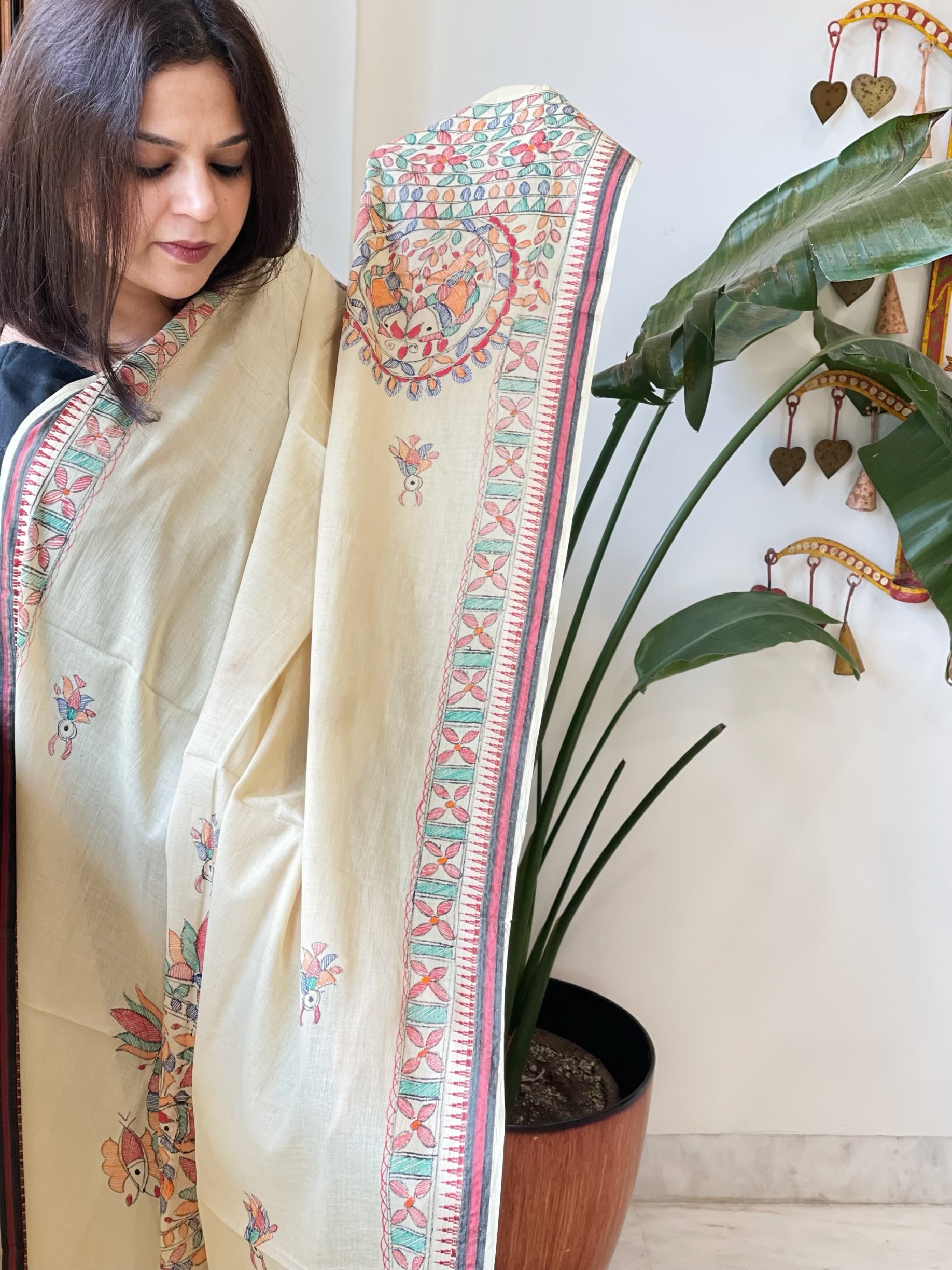 Beige Handpainted Madhubani Dupatta in Pure Cotton - Masakalee