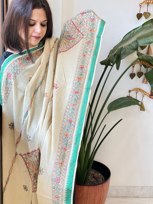 Beige Handpainted Madhubani Dupatta in Pure Cotton - Masakalee