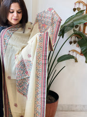 Beige Handpainted Madhubani Dupatta in Pure Cotton - Masakalee