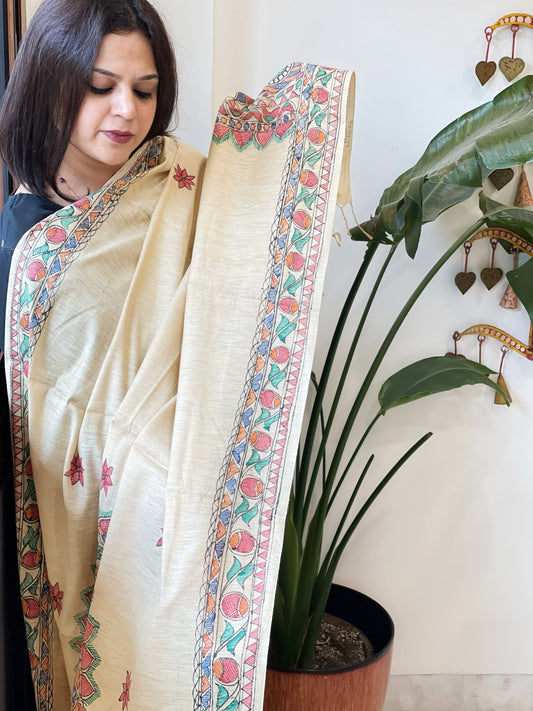 Beige Handpainted Madhubani Dupatta in Pure Cotton - Masakalee