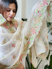 Beige Kota Cotton Dupatta with Cross - Stitch Embroidered Border - Masakalee