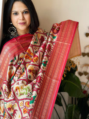 Beige Printed Patola Dupatta in Fine Art Silk - Masakalee