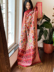 Beige Printed Patola Dupatta in Fine Art Silk - Masakalee