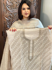 Beige Suit Set with Hand Embroidery in Pure Tussar Silk - Masakalee