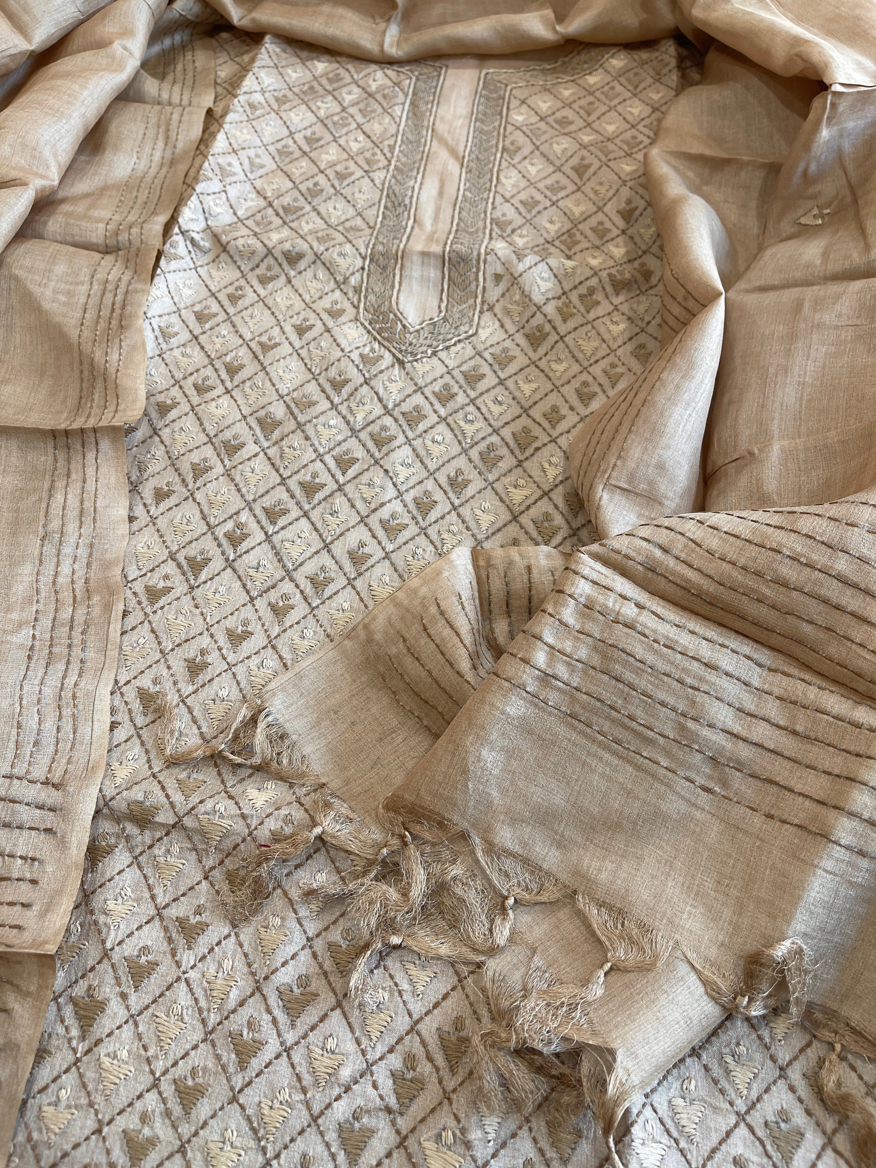 Beige Suit Set with Hand Embroidery in Pure Tussar Silk - Masakalee