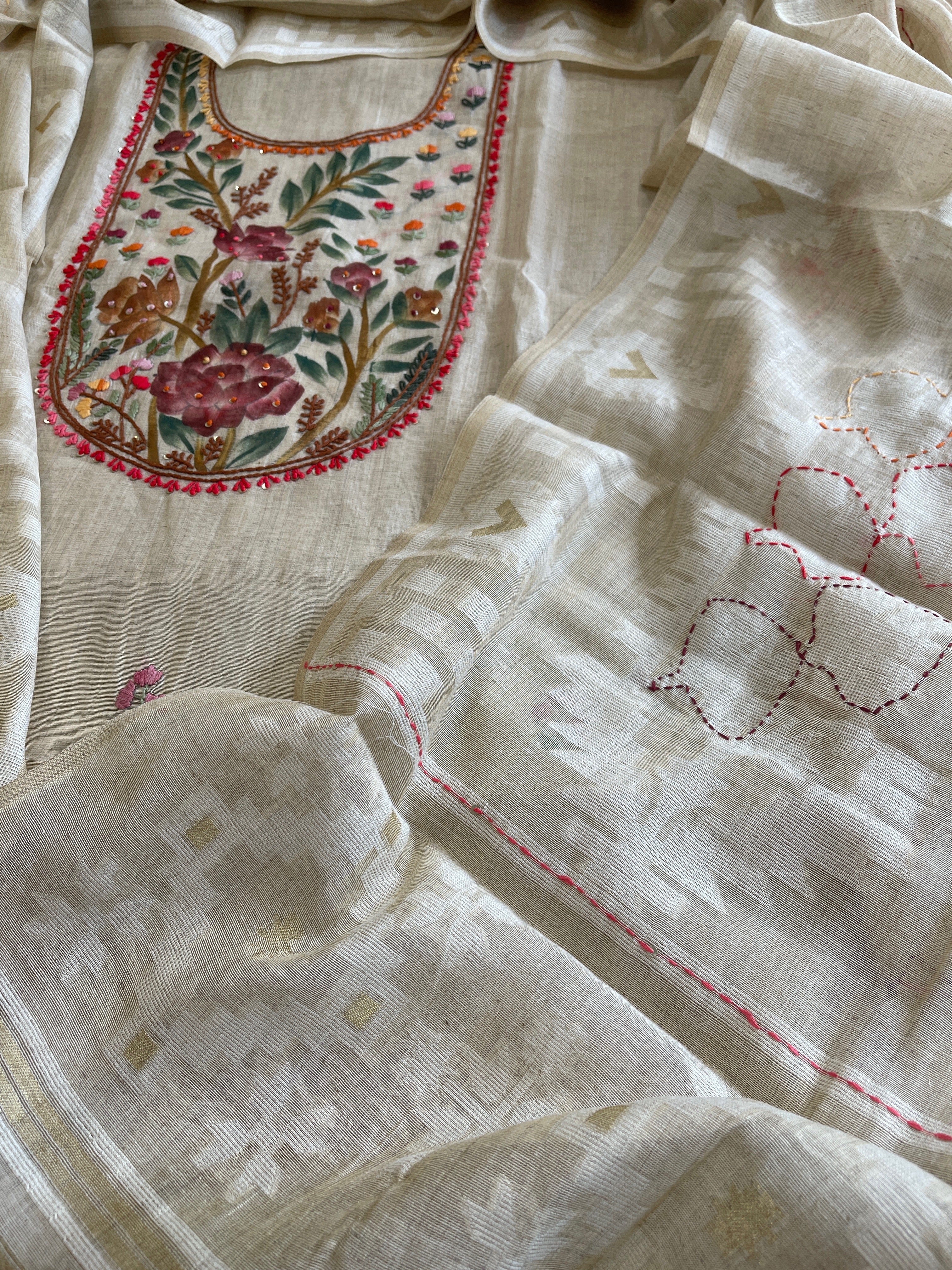 Beige Suit Set with Handpainting and Kantha Stitch Hand Embroidery in Chanderi - Masakalee