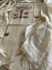 Beige Suit Set with Handpainting and Kantha Stitch Hand Embroidery in Chanderi - Masakalee