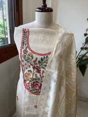 Beige Suit Set with Handpainting and Kantha Stitch Hand Embroidery in Chanderi - Masakalee