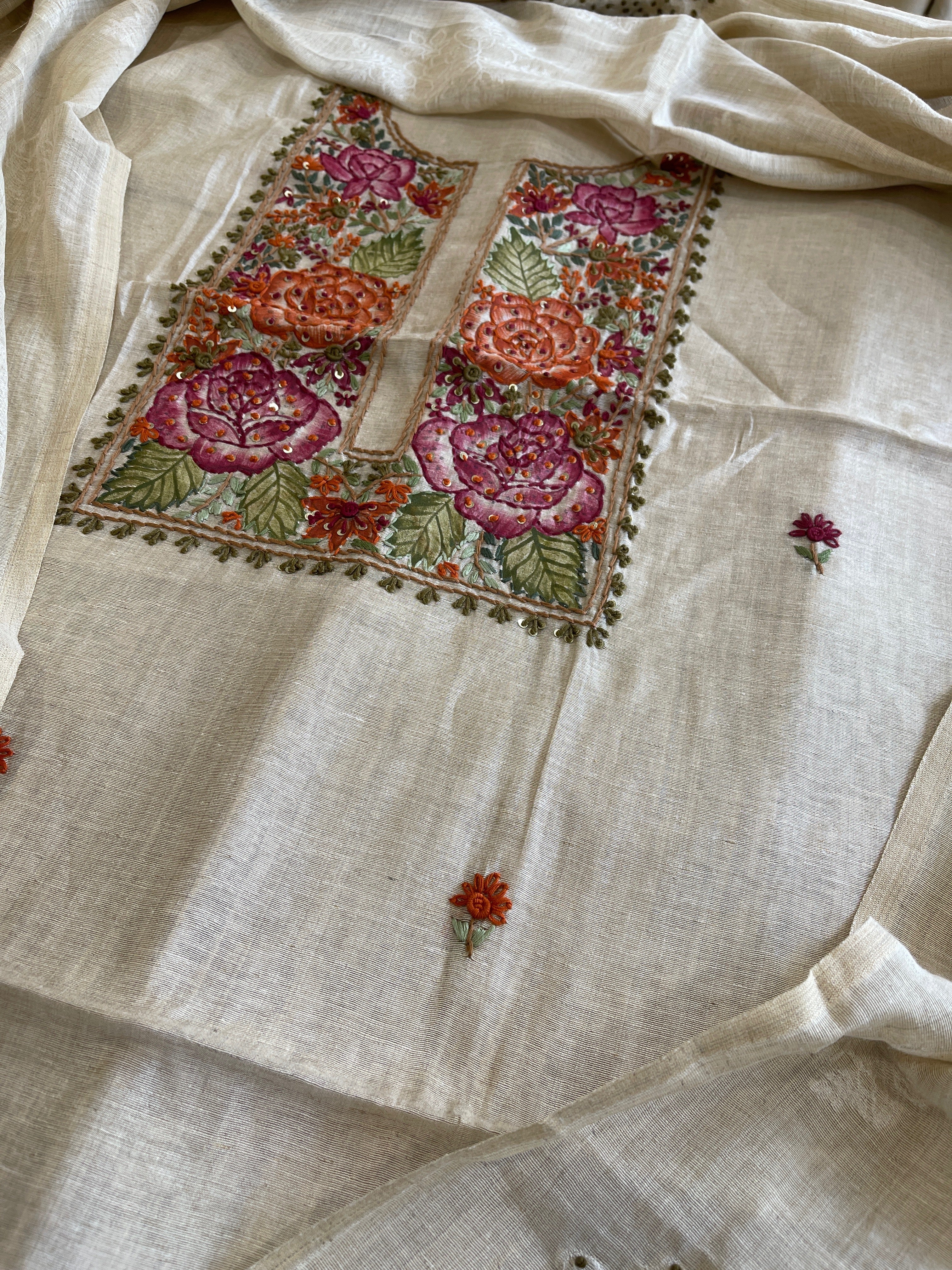 Beige Suit Set with Handpainting and Kantha Stitch Hand Embroidery in Chanderi - Masakalee
