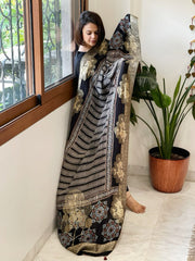 Black Ajrakh Handblock Printed Organza Crepe Dupatta with Banarasi Border - Masakalee