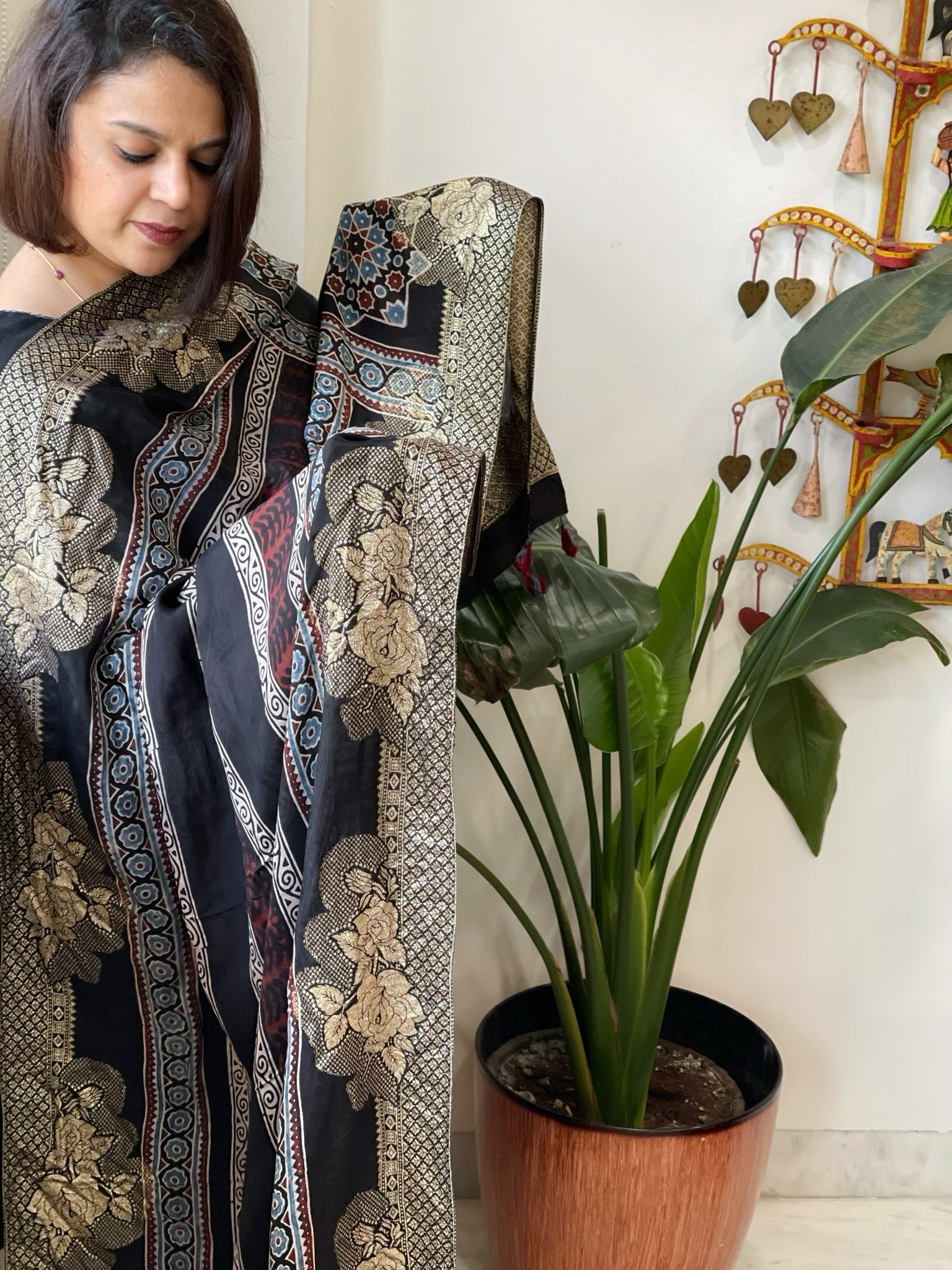 Black Ajrakh Handblock Printed Organza Crepe Dupatta with Banarasi Border - Masakalee