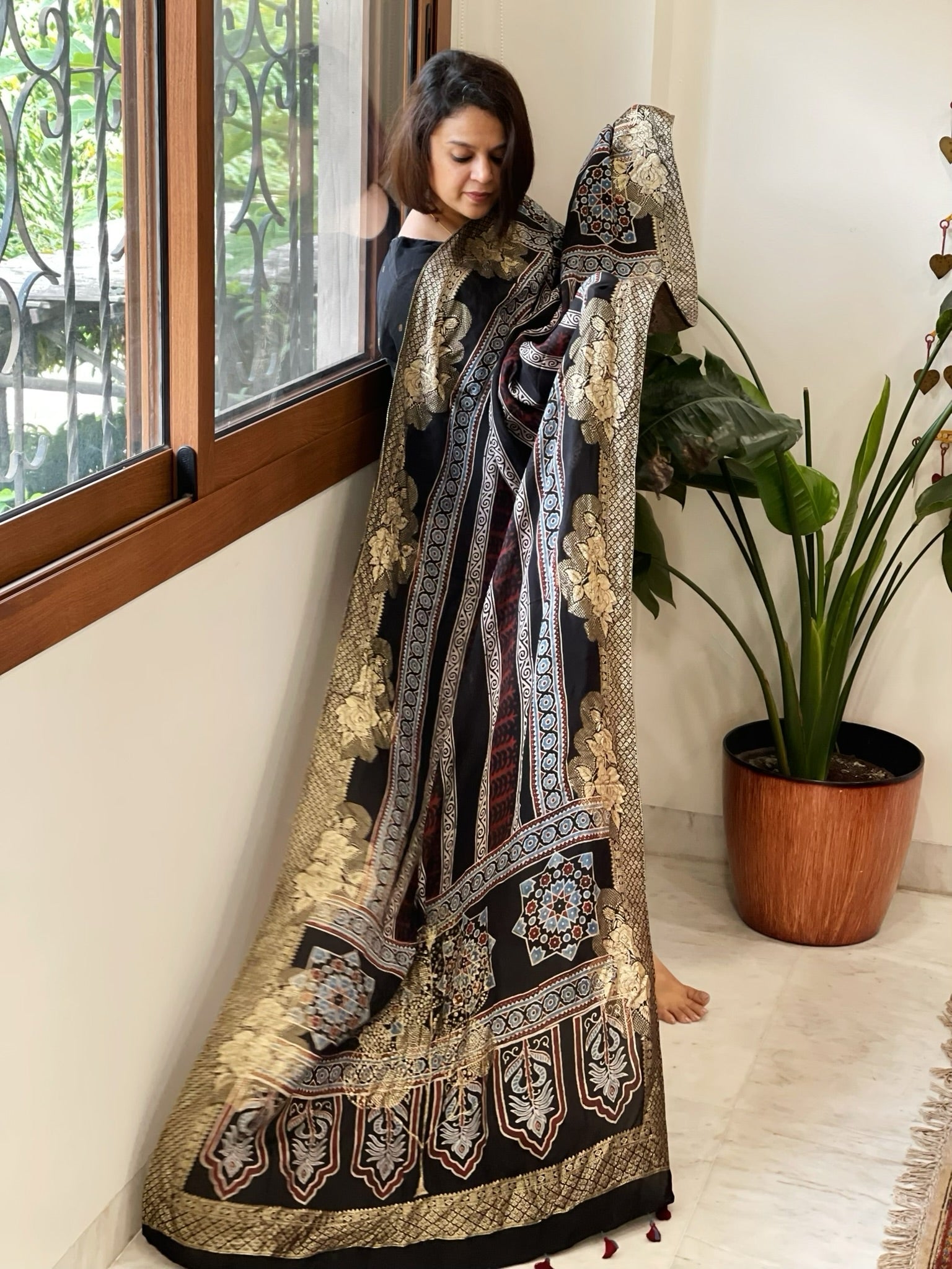 Black Ajrakh Handblock Printed Organza Crepe Dupatta with Banarasi Border - Masakalee