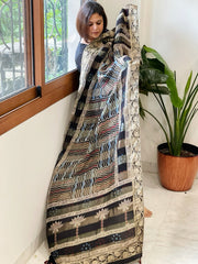 Black Ajrakh Handblock Printed Organza Dupatta with Banarasi Border - Masakalee