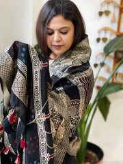 Black Ajrakh Handblock Printed Organza Dupatta with Banarasi Border - Masakalee