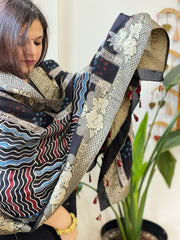 Black Ajrakh Handblock Printed Organza Dupatta with Banarasi Border - Masakalee