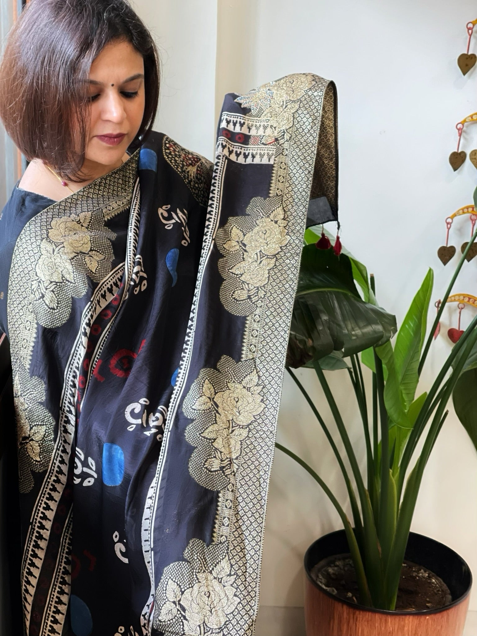 Black Ajrakh Handblock Printed Organza Dupatta with Banarasi Border - Masakalee