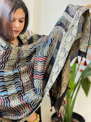 Black Ajrakh Handblock Printed Organza Dupatta with Banarasi Border - Masakalee