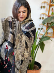 Black Ajrakh Handblock Printed Organza Dupatta with Banarasi Border - Masakalee