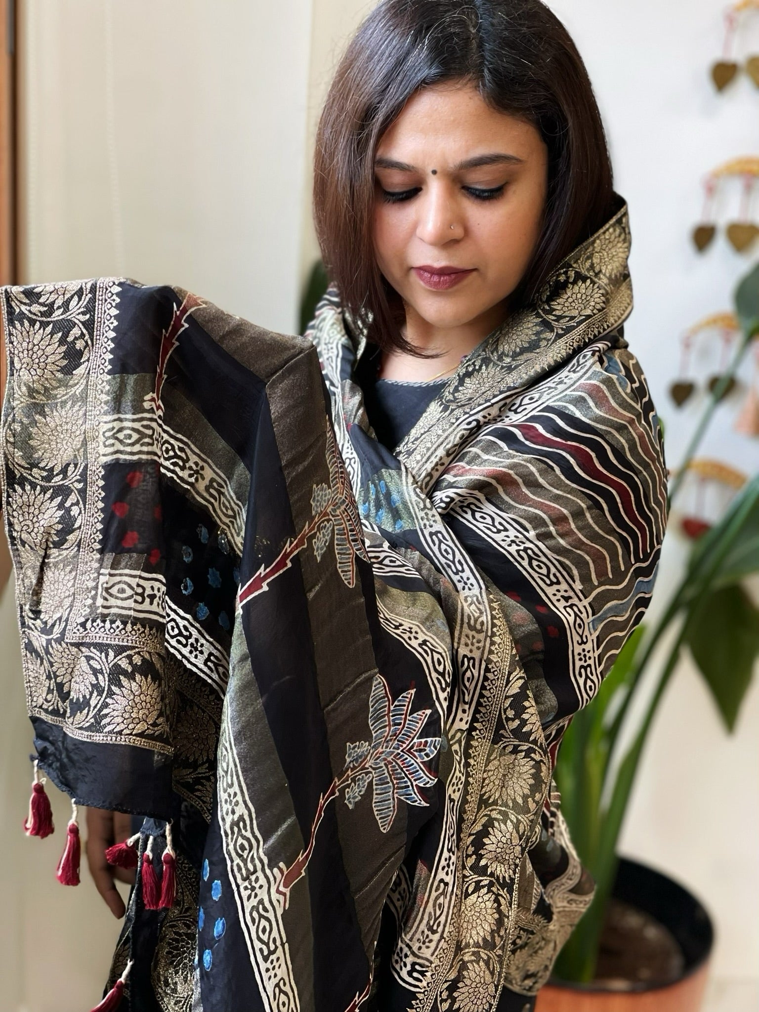 Black Ajrakh Handblock Printed Organza Dupatta with Banarasi Border - Masakalee