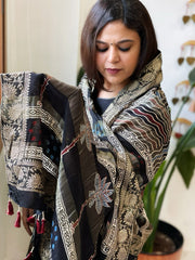 Black Ajrakh Handblock Printed Organza Dupatta with Banarasi Border - Masakalee