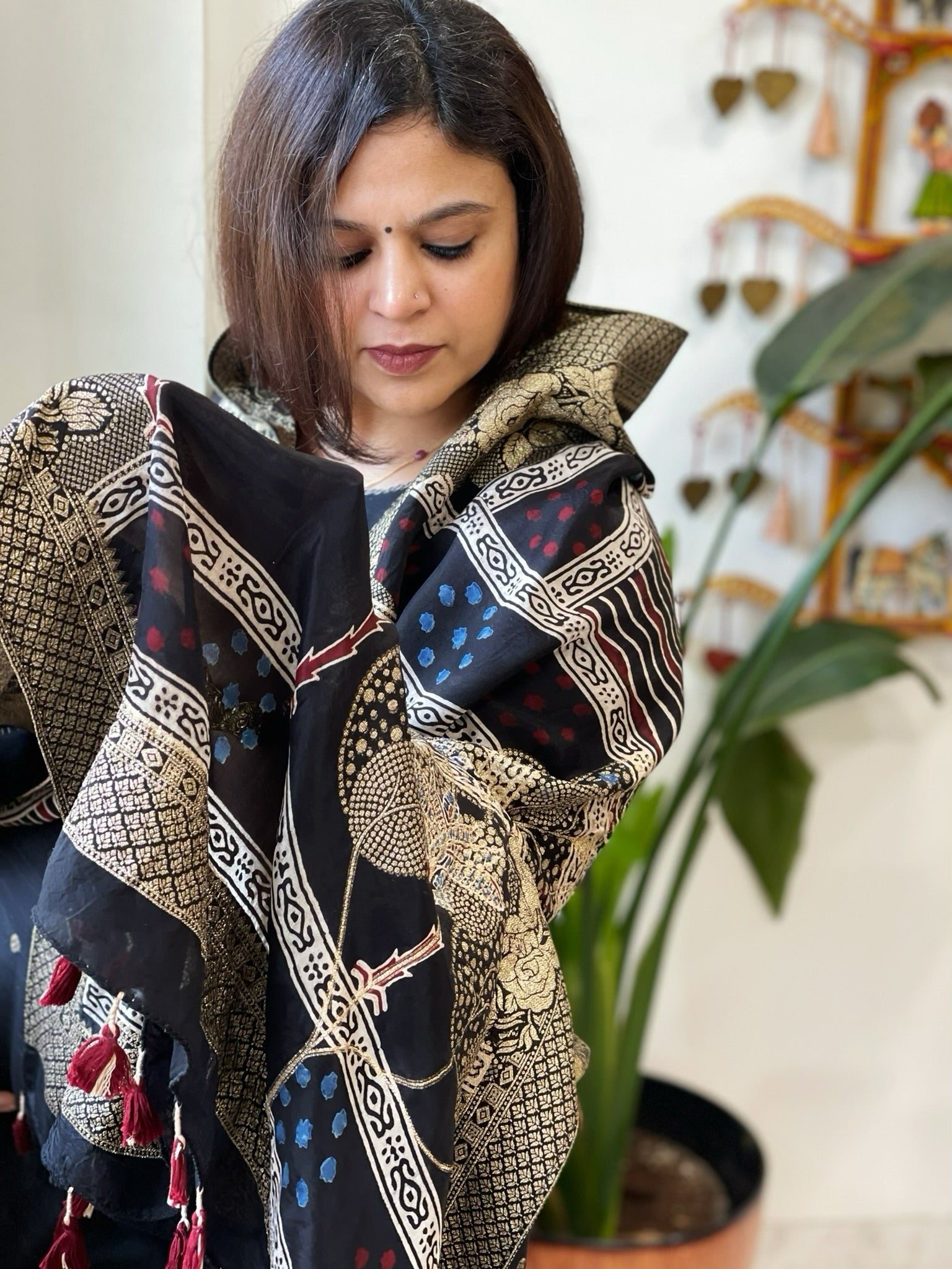 Black Ajrakh Handblock Printed Organza Dupatta with Banarasi Border - Masakalee
