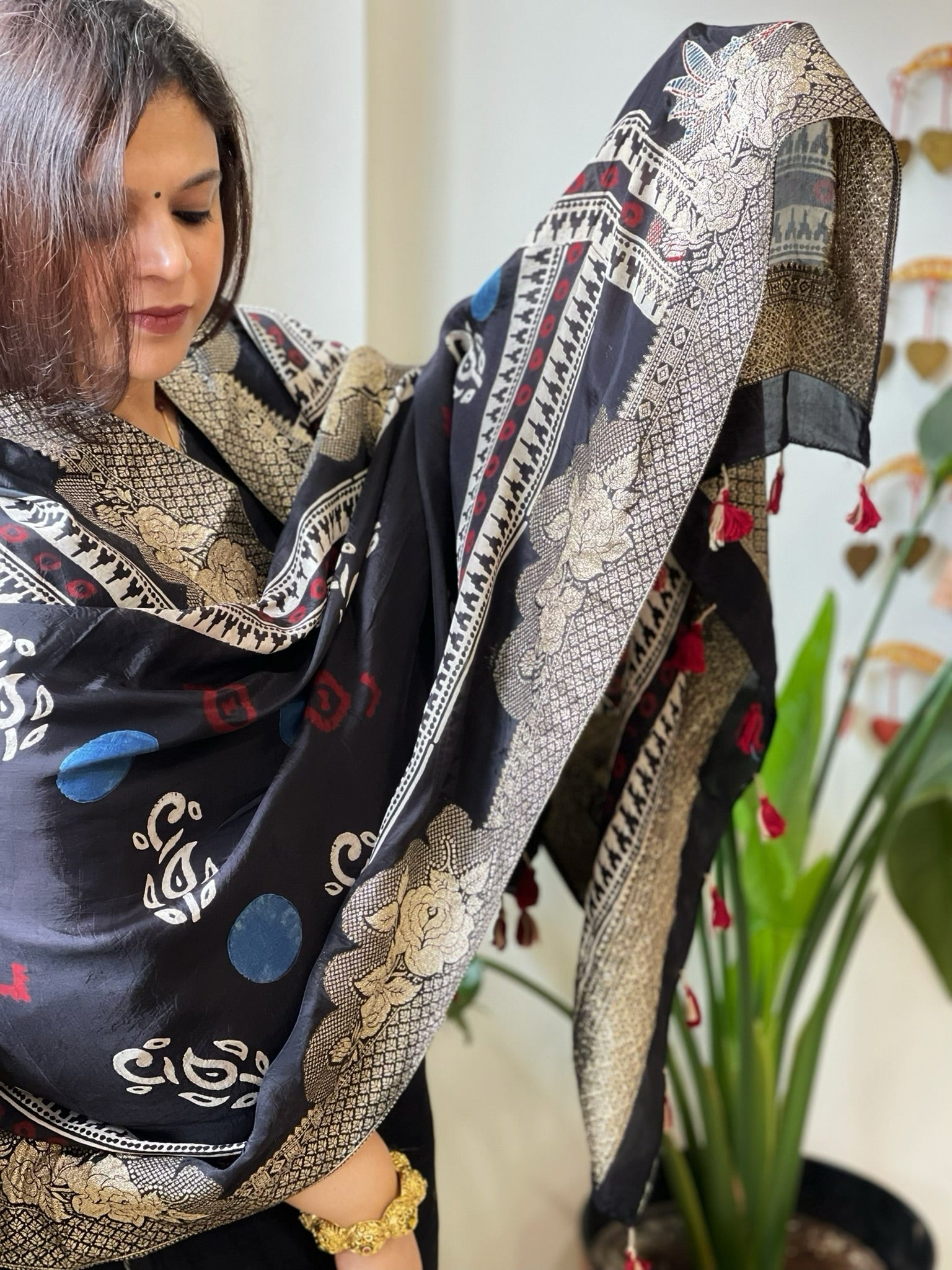 Black Ajrakh Handblock Printed Organza Dupatta with Banarasi Border - Masakalee