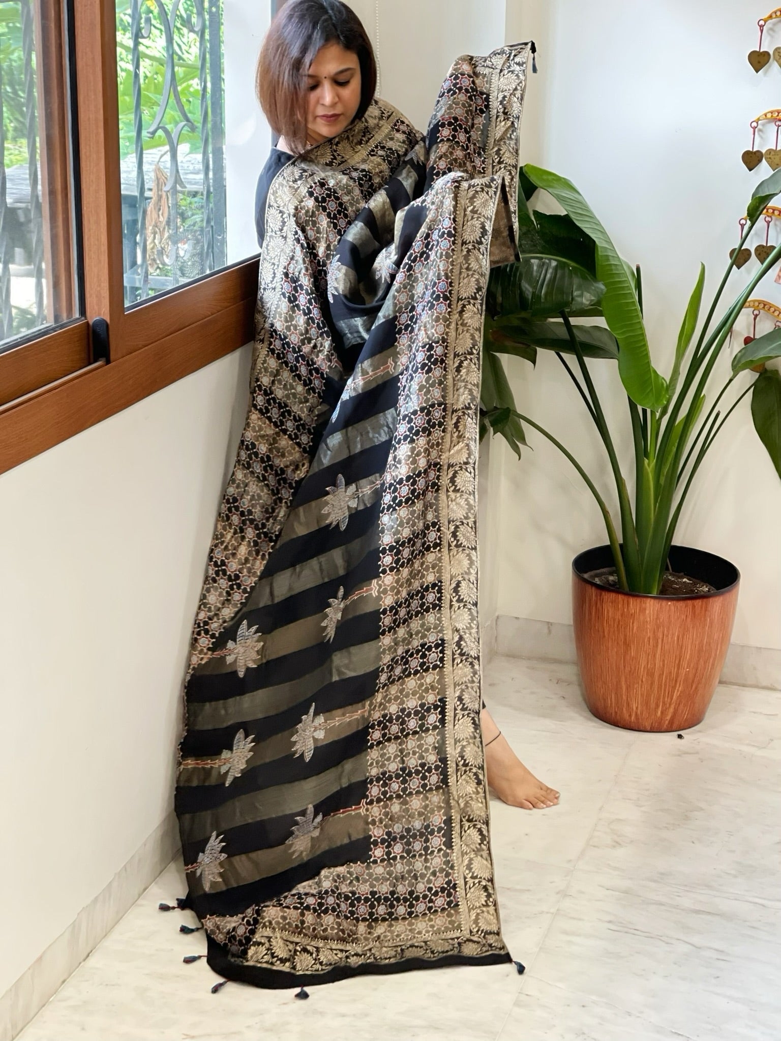 Black Ajrakh Handblock Printed Organza Dupatta with Banarasi Border - Masakalee