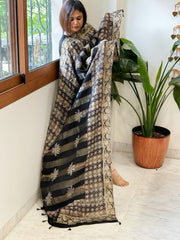 Black Ajrakh Handblock Printed Organza Dupatta with Banarasi Border - Masakalee