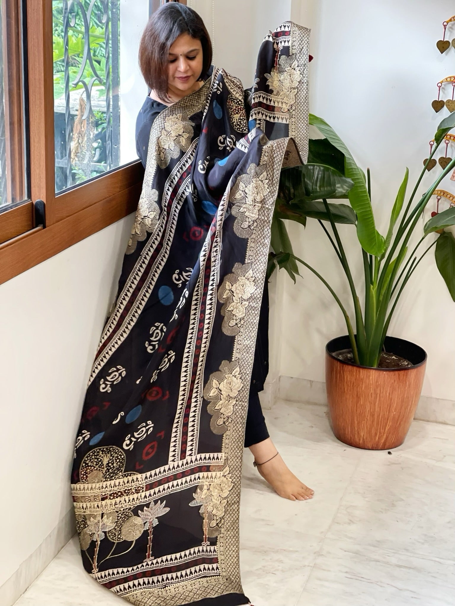 Black Ajrakh Handblock Printed Organza Dupatta with Banarasi Border - Masakalee