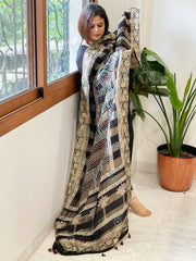 Black Ajrakh Handblock Printed Organza Dupatta with Banarasi Border - Masakalee