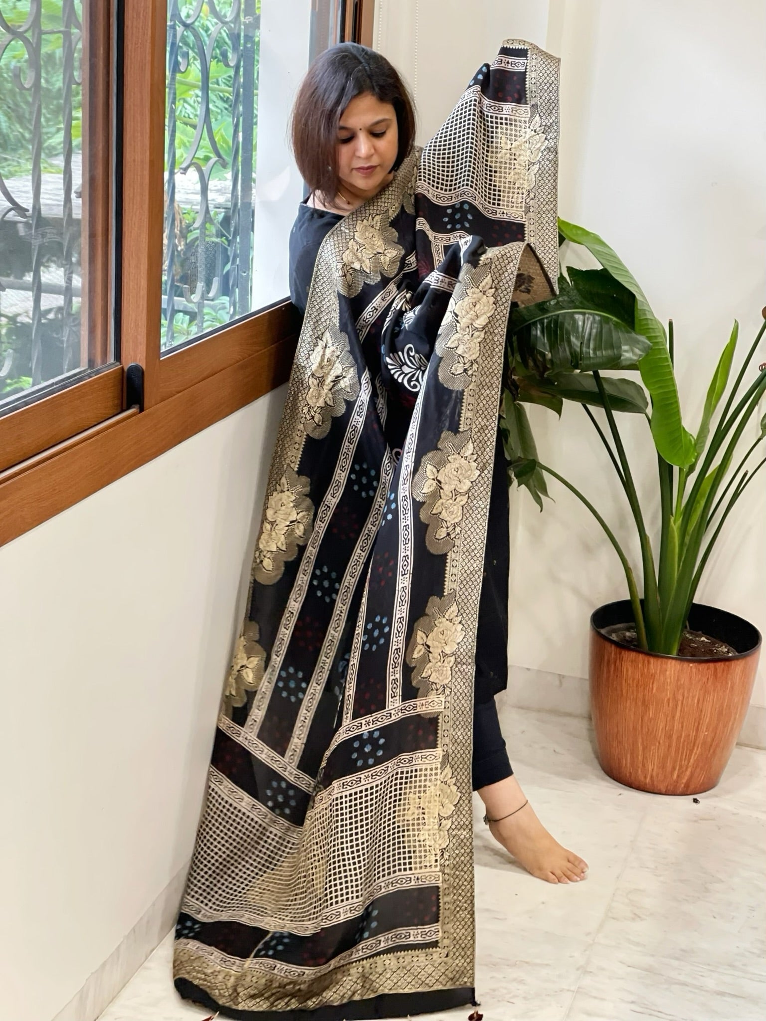Black Ajrakh Handblock Printed Organza Dupatta with Banarasi Border - Masakalee
