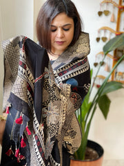 Black Ajrakh Handblock Printed Organza Dupatta with Banarasi Border - Masakalee