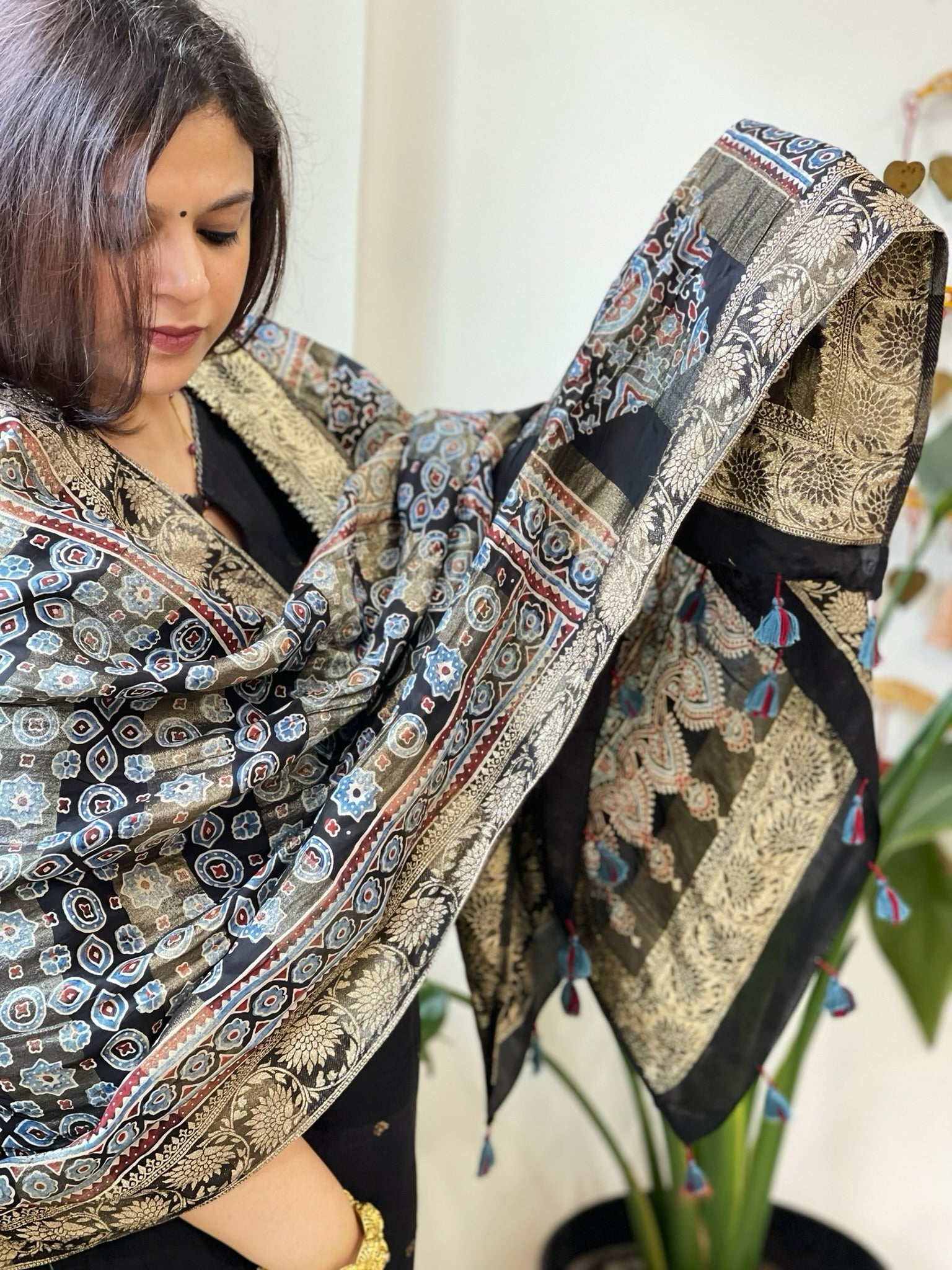 Black Ajrakh Handblock Printed Organza Dupatta with Banarasi Border - Masakalee