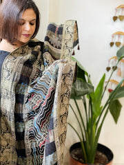 Black Ajrakh Handblock Printed Organza Dupatta with Banarasi Border - Masakalee