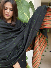 Black Ajrakh Handblock Printed Silk - Woollen Shawl - Masakalee