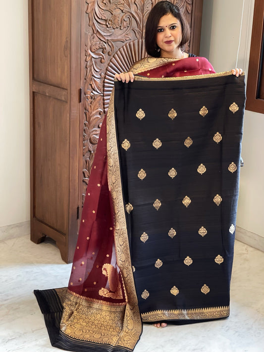 Black Banarasi Suit Set in Pure Raw Silk with Pure Organza Zari Dupatta - Masakalee