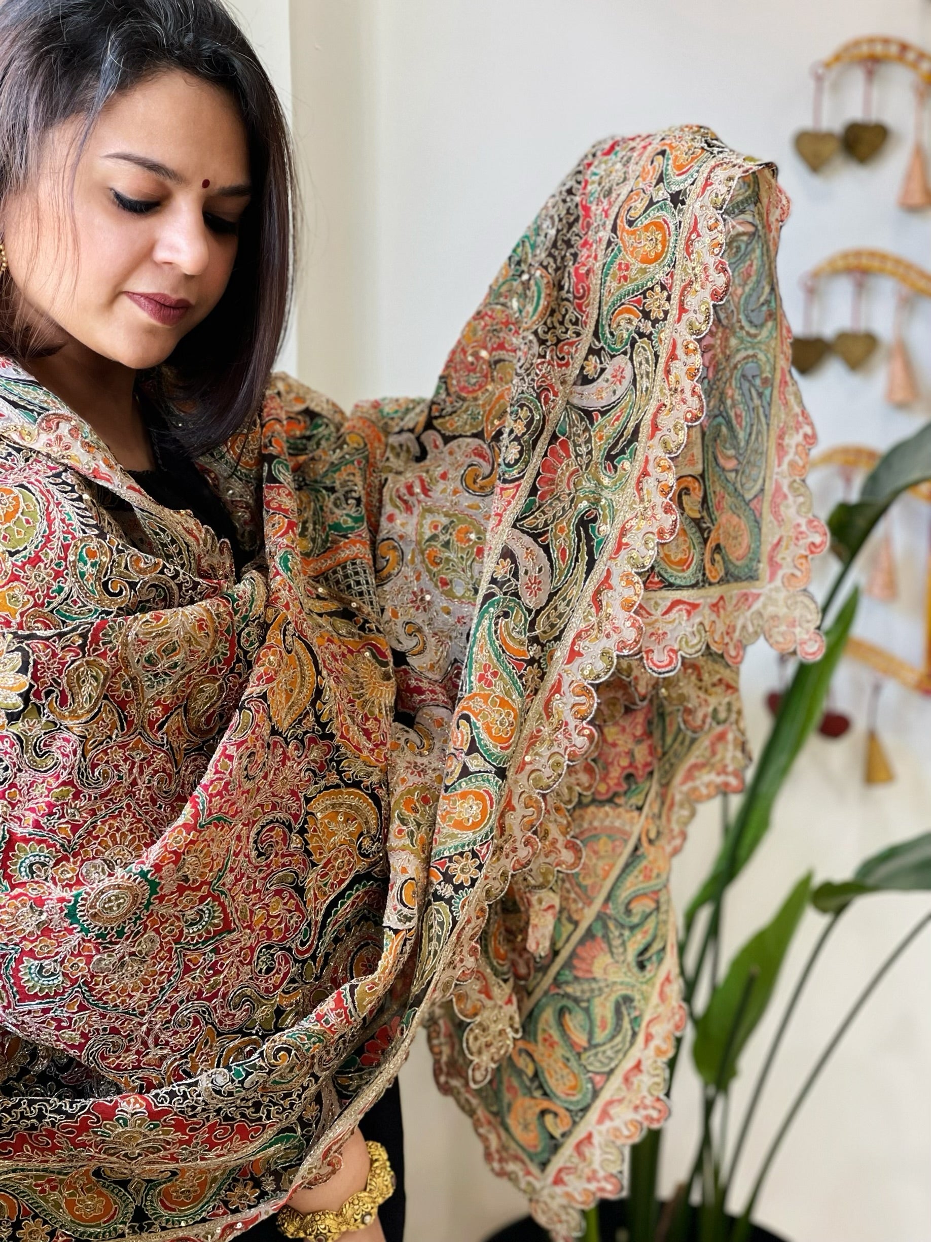 Black Chinon Dupatta with Aari Embroidery - Masakalee