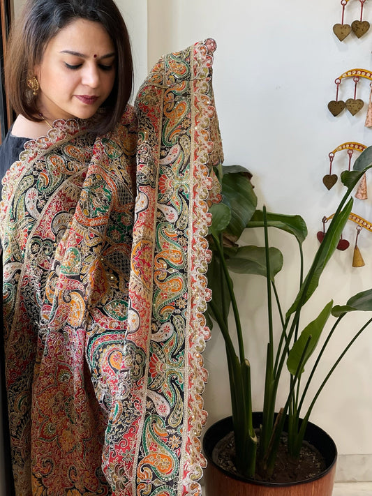 Black Chinon Dupatta with Aari Embroidery - Masakalee