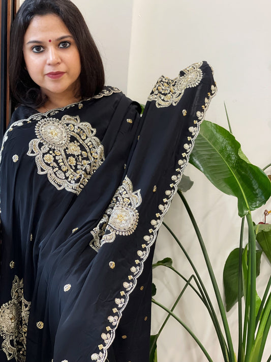 Black Crepe Dupatta with Pearl, Cut Daana, Gold Thread & Sequin Embroidery - Masakalee