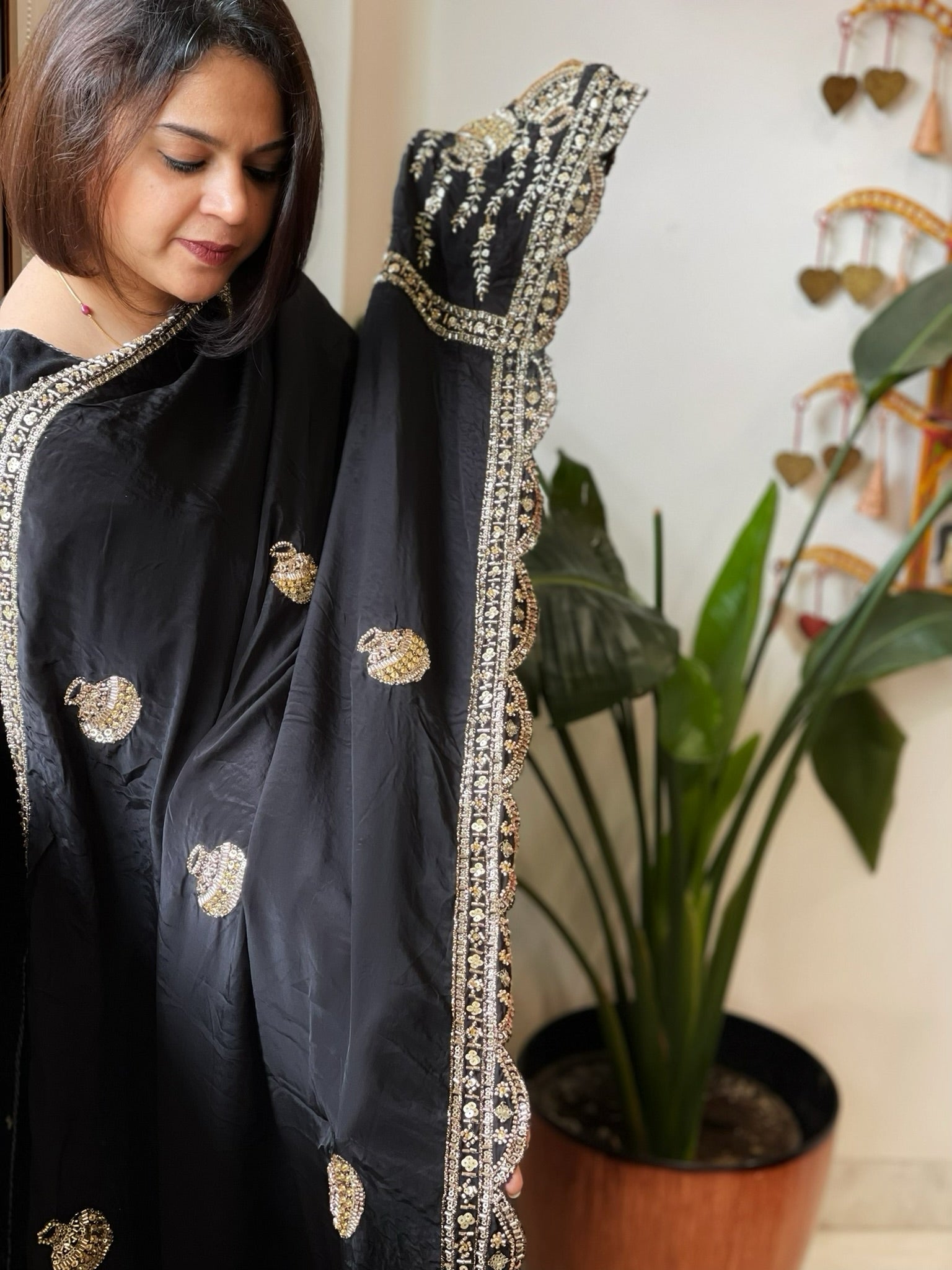 Black Crepe Dupatta with Pearl, Cut Daana, Gold Thread & Sequin Embroidery - Masakalee