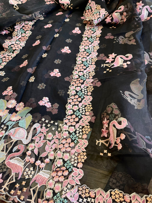 Black Dupatta Set (Kurta+Dupatta) with Thread Embroidery in Pure Organza - Masakalee